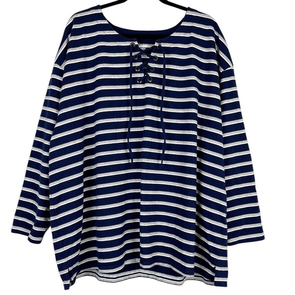 Lands' End Size 3X Nautical Striped Lace-Up Long Sleeve Top Navy White - Picture 1 of 16